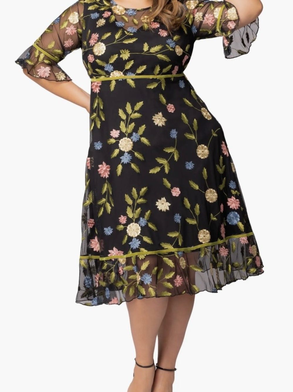 Kiyonna Black Mesh Midi Dress with Multicolor Floral Embroidery